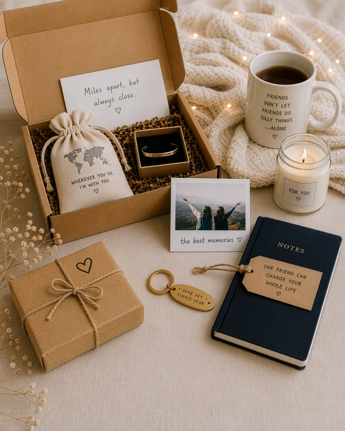 long distance gifts like mug, bracelet, photo