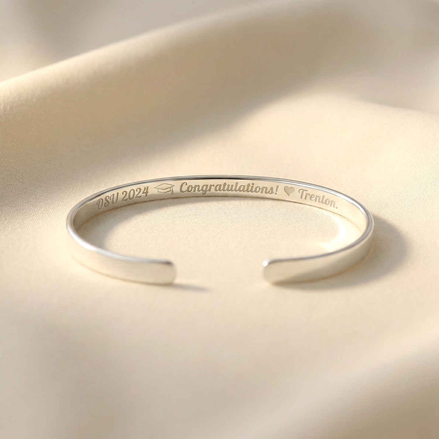 Sterling silver graduation cuff bracelet with custom message