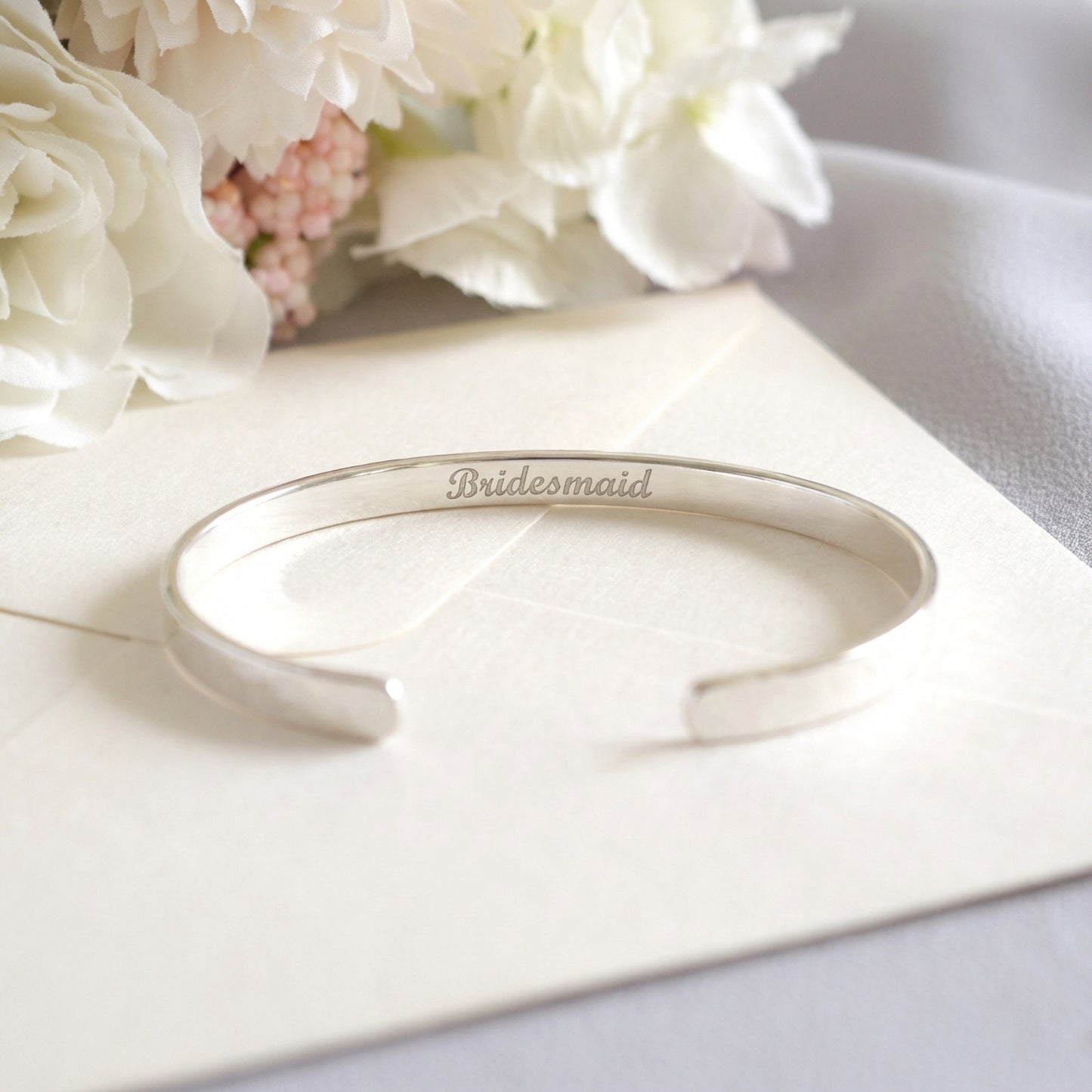 Engraved silver cuff bracelet for bride or maid of honor gift